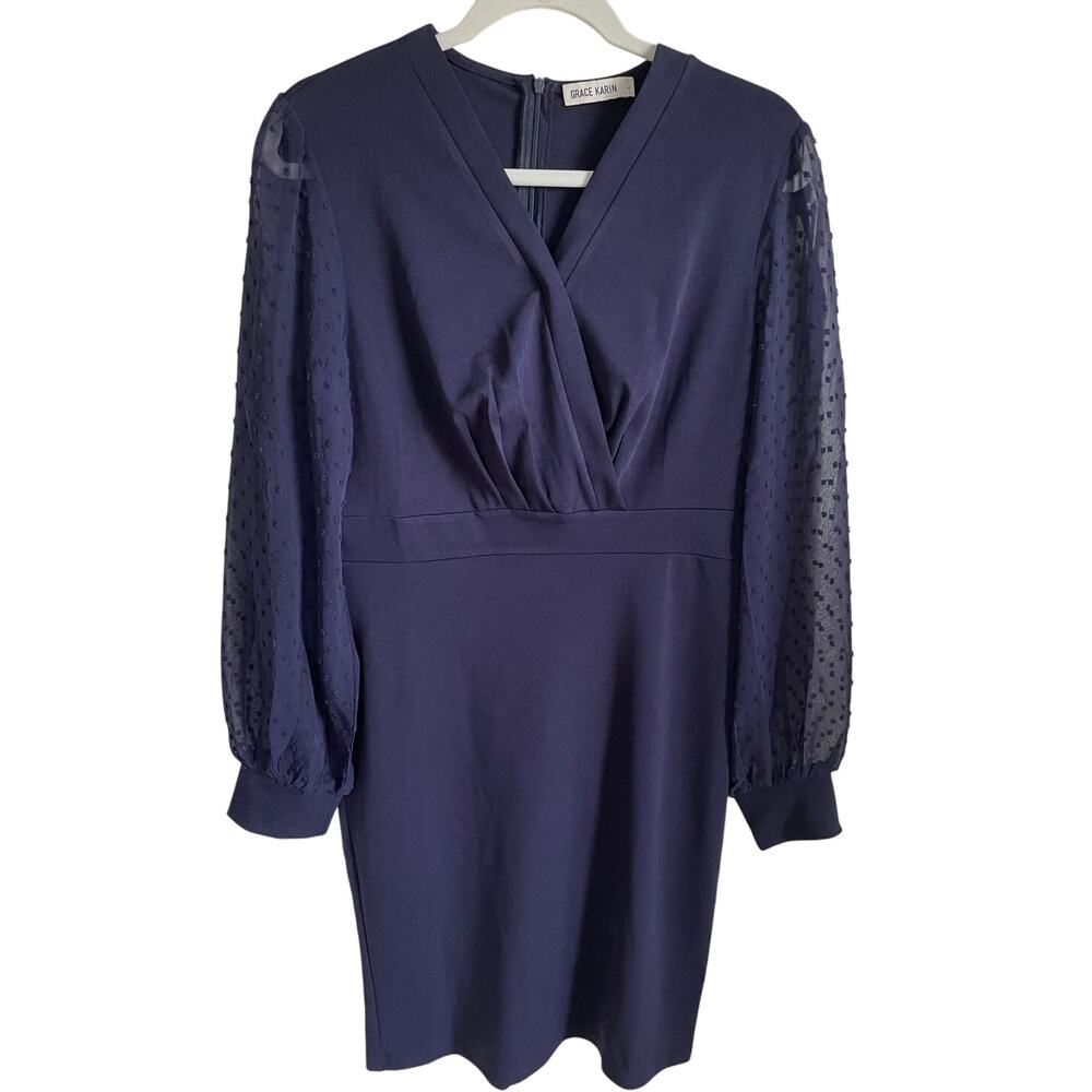 Grace Karin Dress Size L Clip Dot Long Sleeves Surplice Bodice V-Neck Stretch